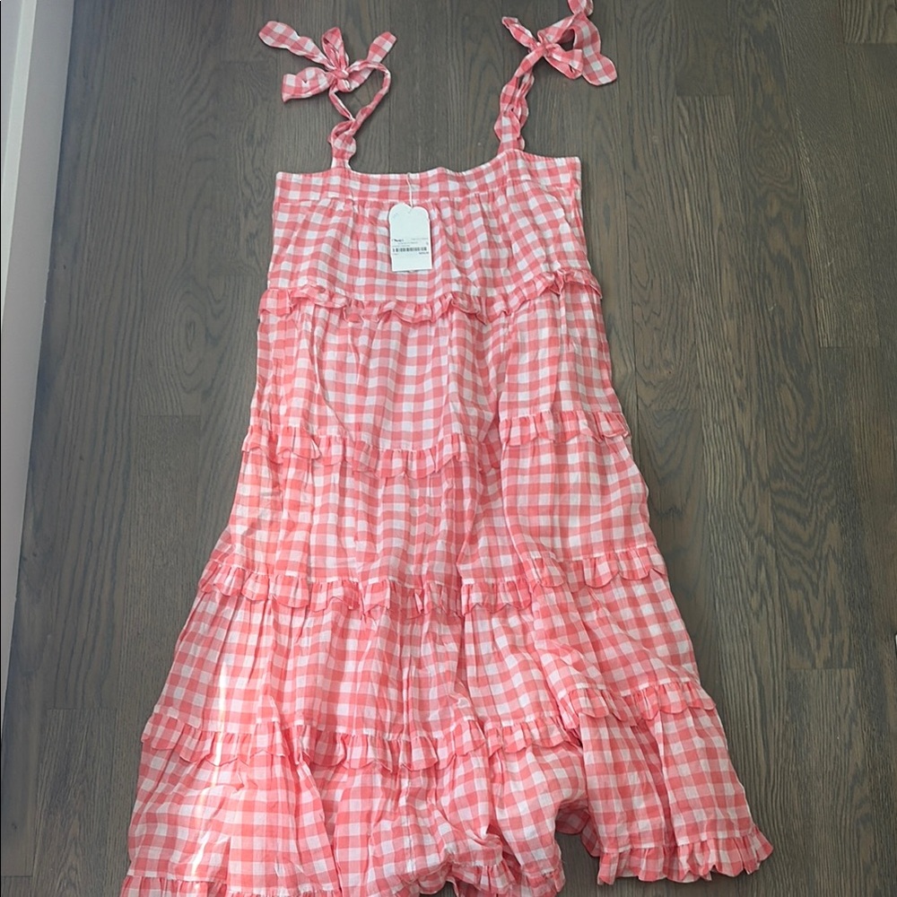 Pink city prints Gingham Tiered Sundress with Tie Straps